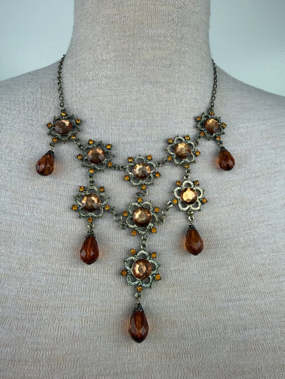 Vintage Robert Rose Flower Orange Chain Bib Necklace Floral Ornate 19"